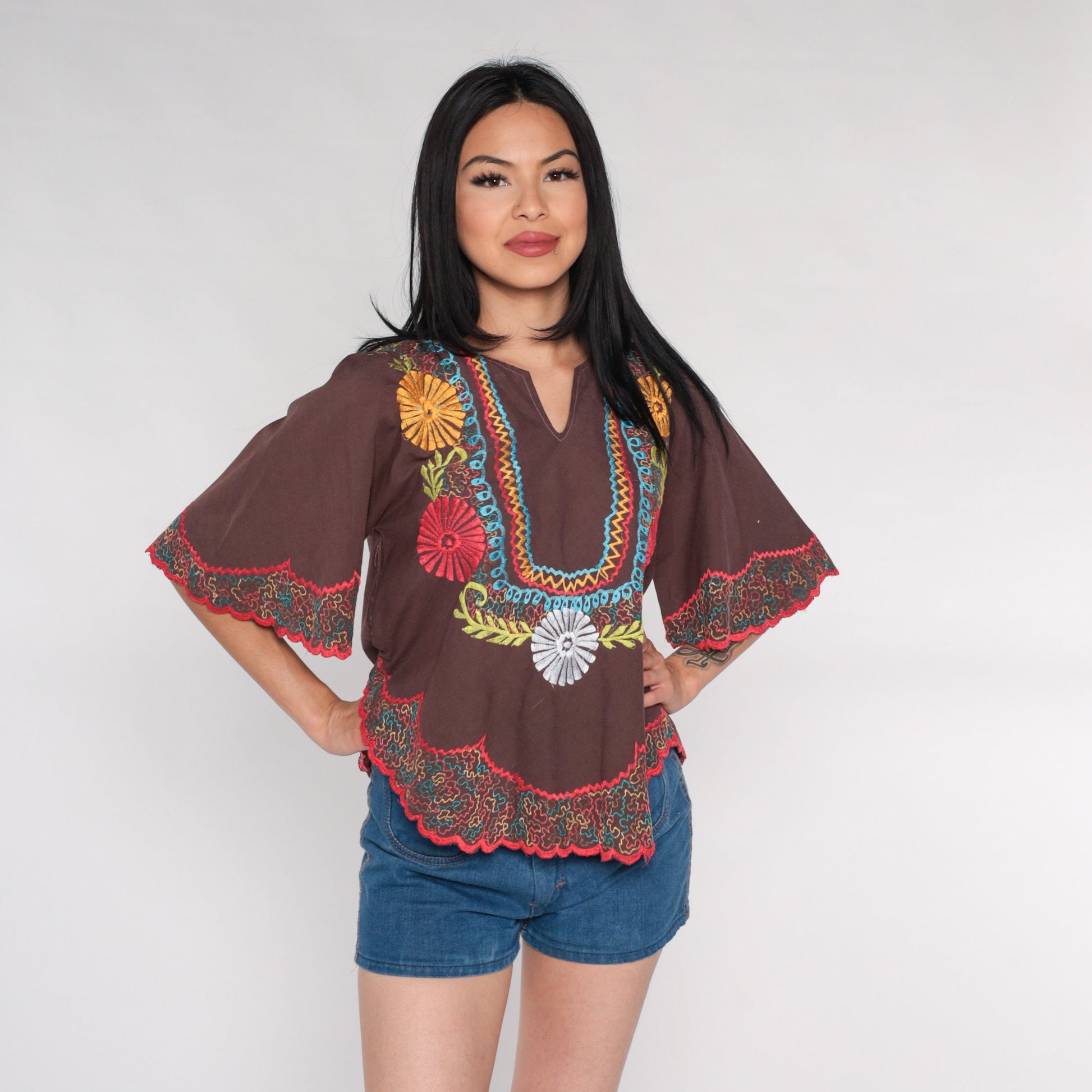 00s Embroidered Floral Bell Sleeve Tunic White Cotton Small