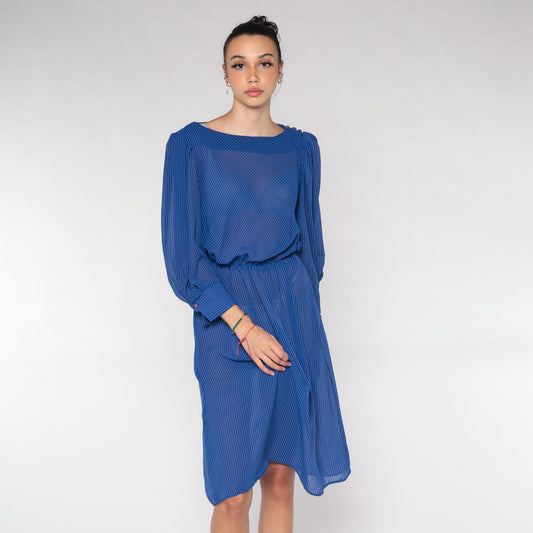 70s Striped Midi Dress Blue Sheer Puff Sleeve High Waist Small Medium