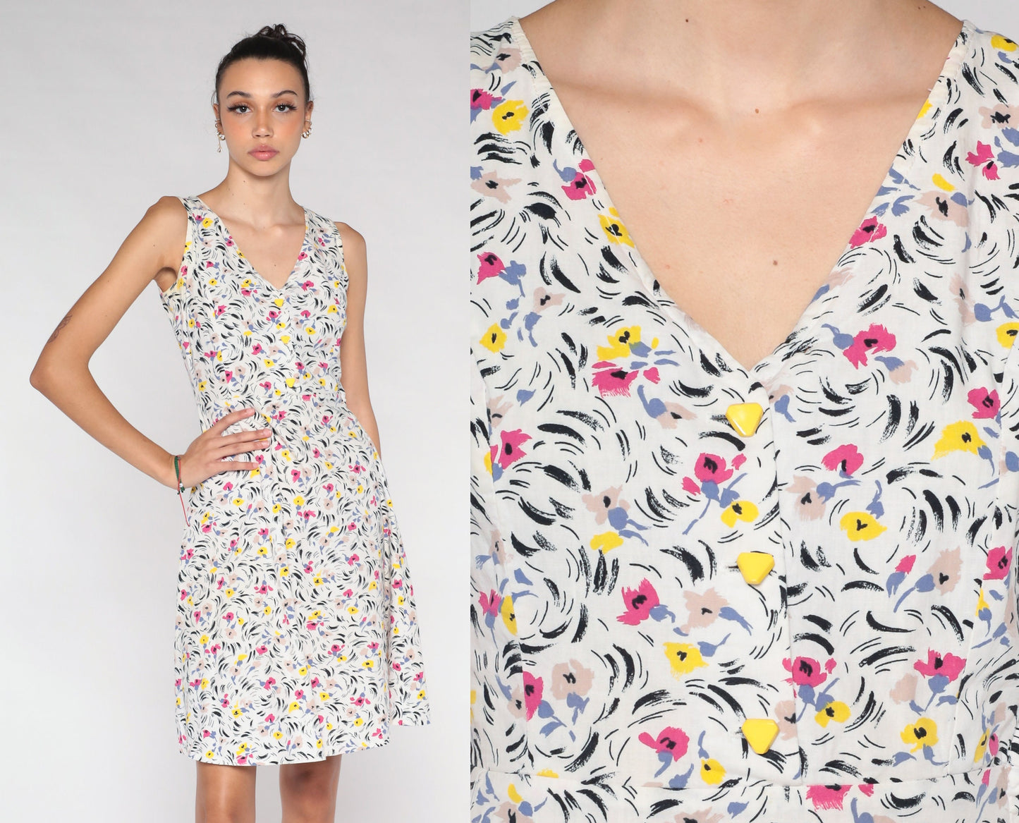 70s White Floral Mini Dress Sleeveless Button-Up A-Line V-Neck Extra Small