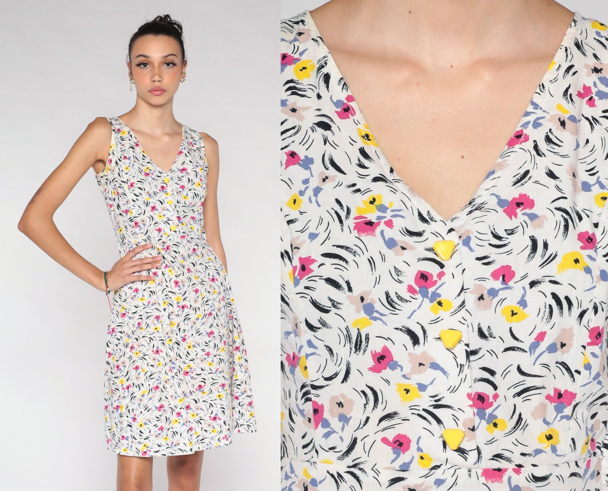 70s White Floral Mini Dress Sleeveless Button-Up A-Line V-Neck Extra Small