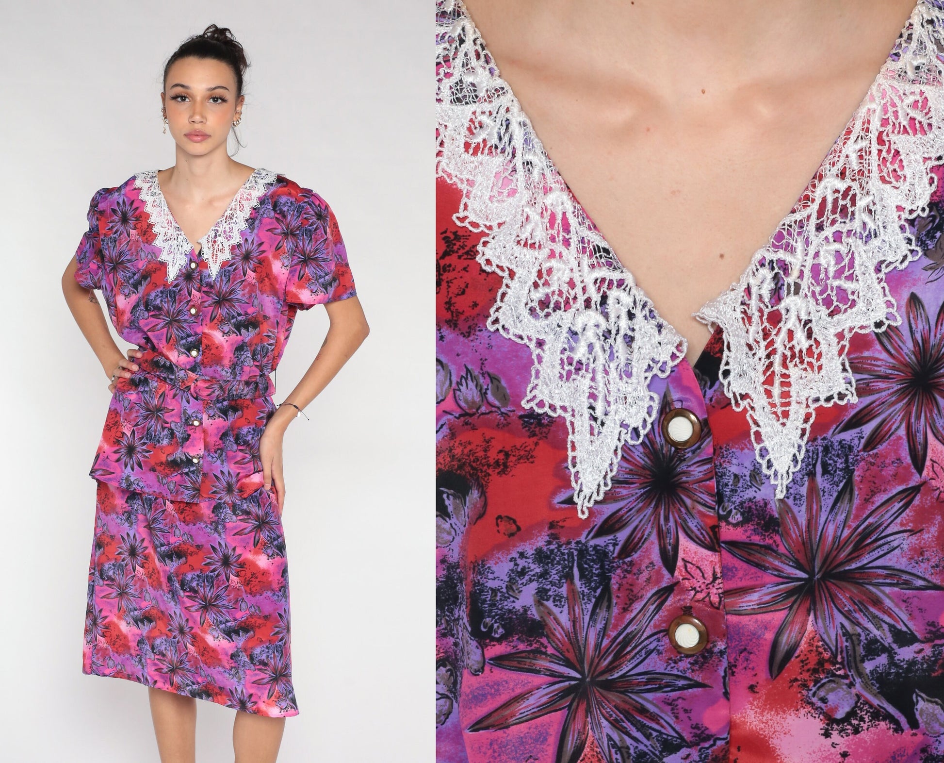 80s Floral Midi Dress Pink Purple Lace Collar Peplum Button-Up Medium