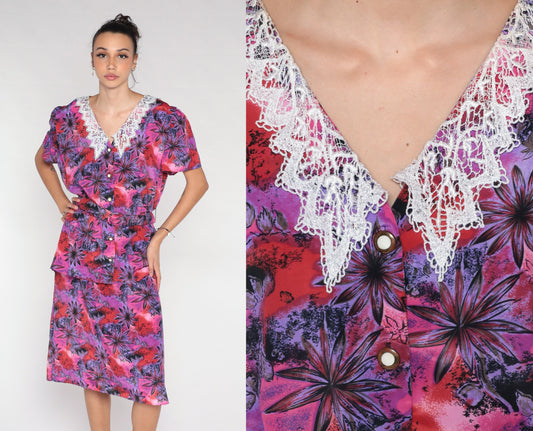 80s Floral Midi Dress Pink Purple Lace Collar Peplum Button-Up Medium