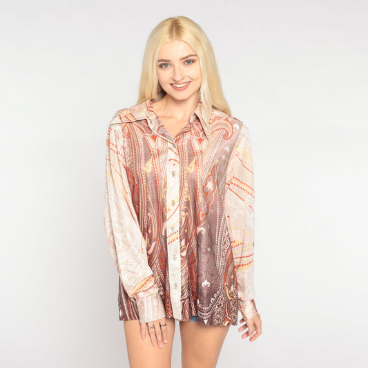 70s Paisley Floral Button Up Blouse Dagger Collar Long Sleeve Orange Large L