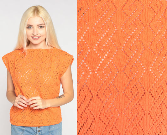 70s Orange Pointelle Knit Top Cap Sleeve Cutout Blouse Medium M