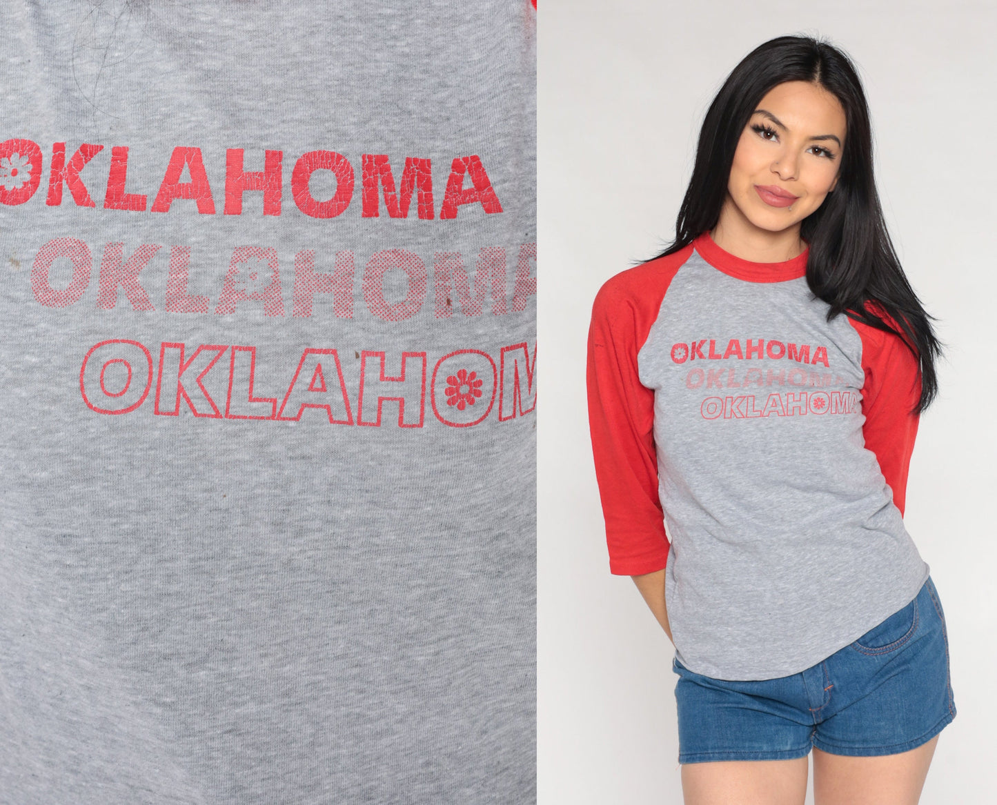 80s Oklahoma Ringer Tee Graphic T-Shirt Red Trim Raglan Small