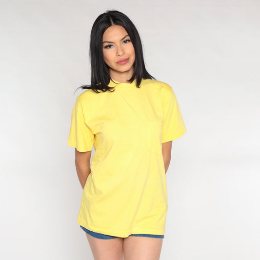90s Yellow Cotton Pocket T-Shirt Plain Tee Single Stitch Medium