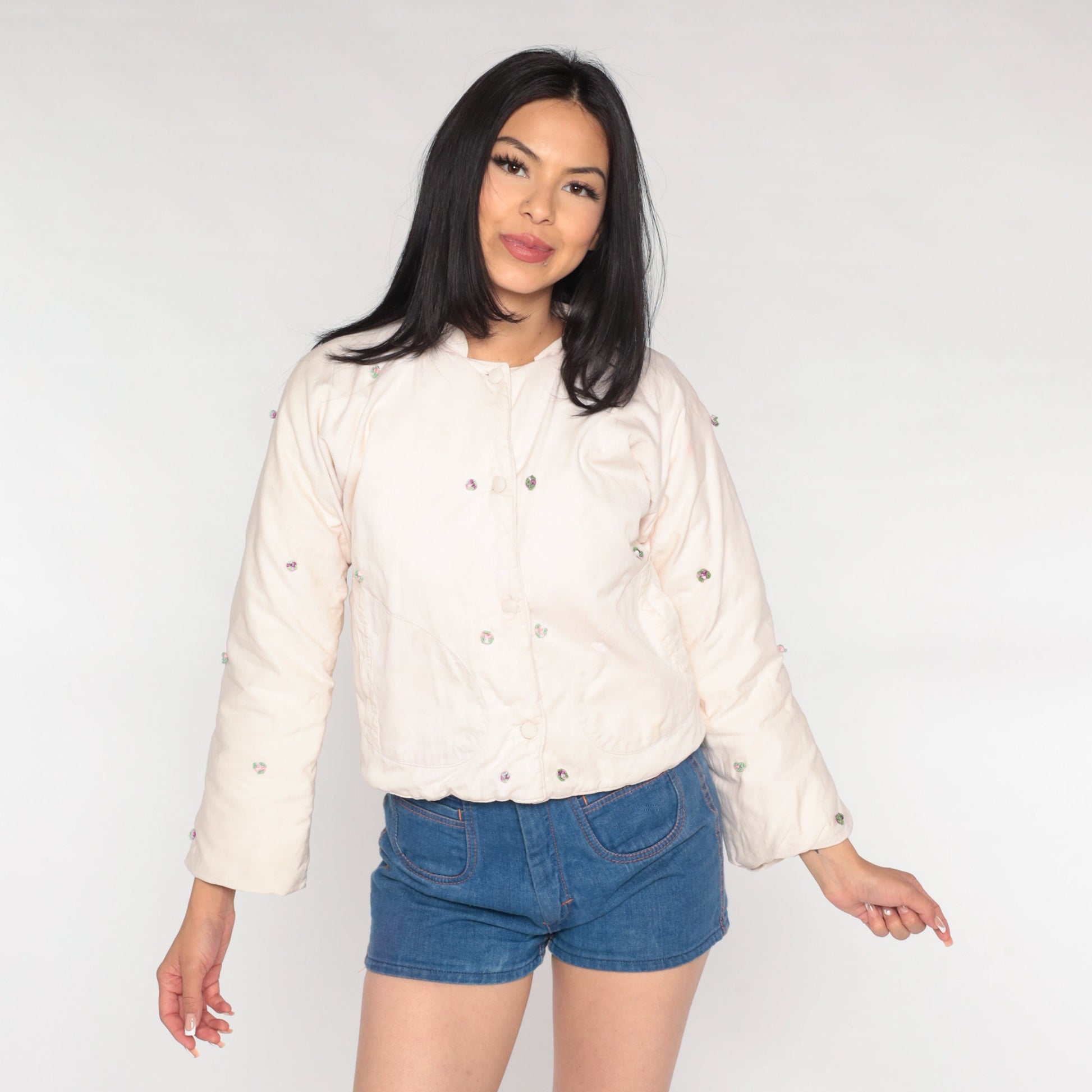 80s Quilted Floral Appliqué Cropped Jacket Off-White Mandarin Collar Extra Small
