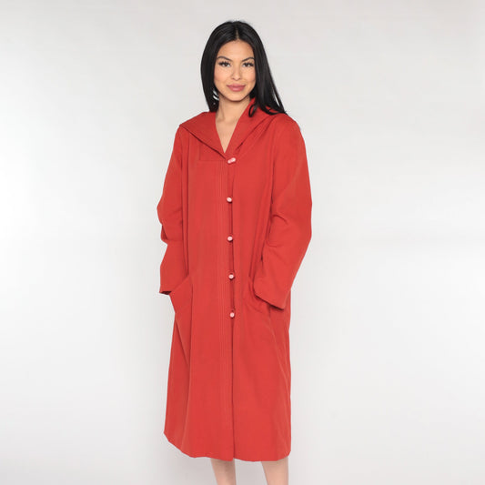 70s Rust Red Hooded Jacket Toggle Button Long Coat Medium