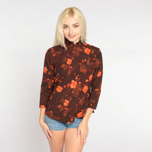 90s Floral Blouse Brown Orange Mandarin Collar 3/4 Sleeve Shirt Extra Small
