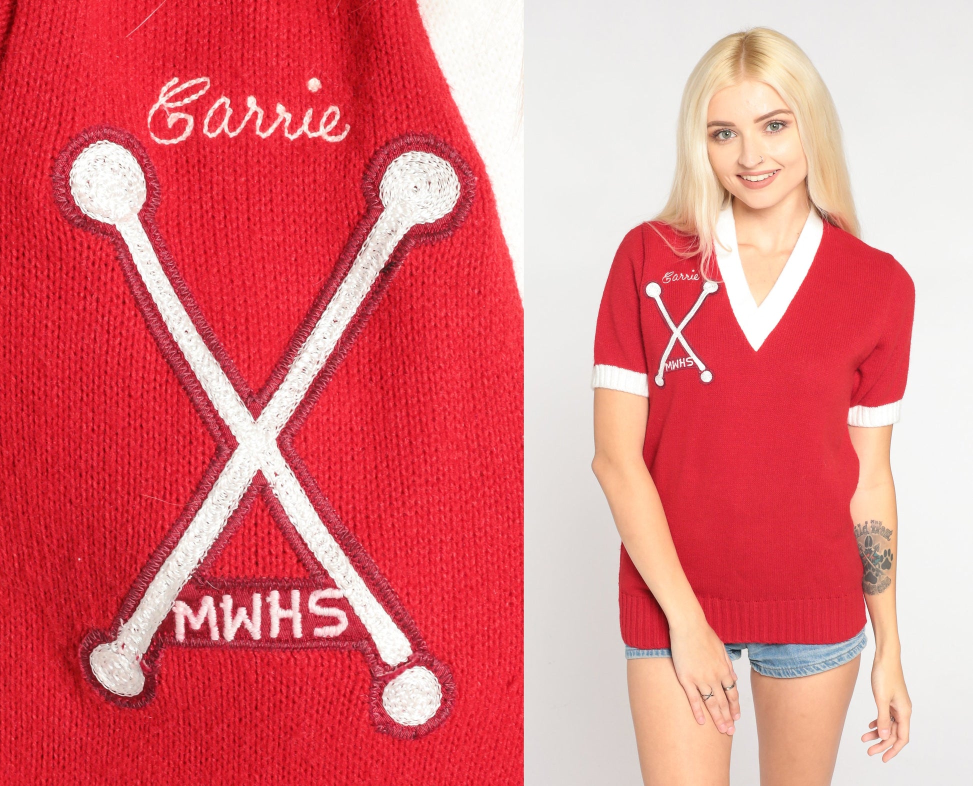 80s Cheerleader Supply Co. Red Knit V-Neck Baton Crest Carrie MWHS Small