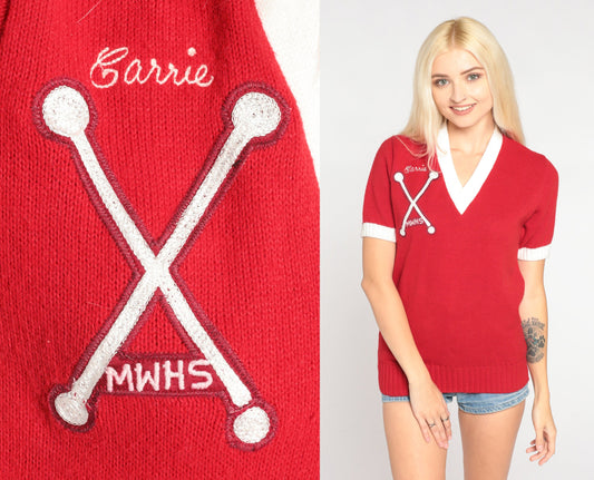 80s Cheerleader Supply Co. Red Knit V-Neck Baton Crest Carrie MWHS Small