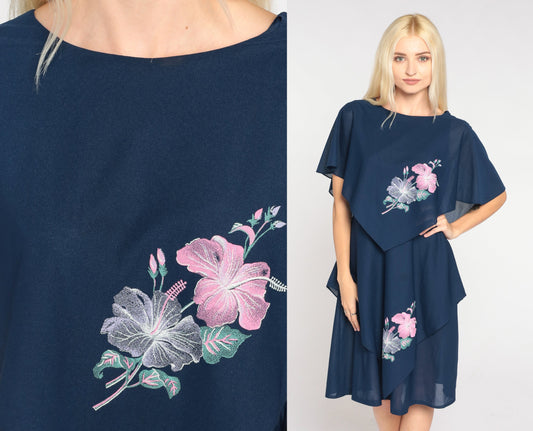 80s Navy Floral Capelet Mini Dress Draped V-Back Flutter Sleeve Medium