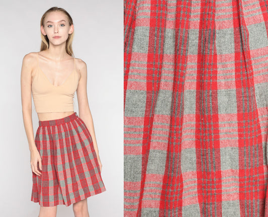60s Red Grey Plaid Wool Mini Skirt High Waist Pleated XXS
