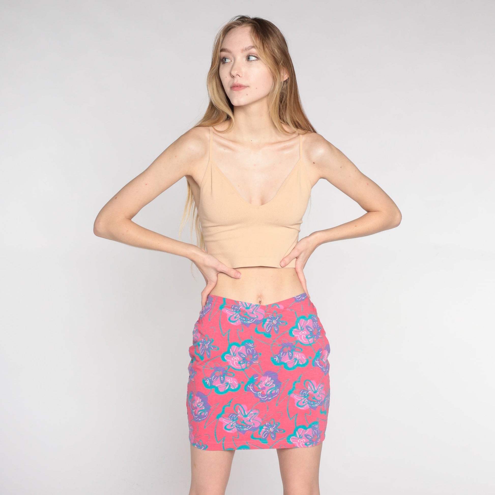 00s Ocean Pacific Floral Mini Skirt Pink High Waist Fitted Medium M