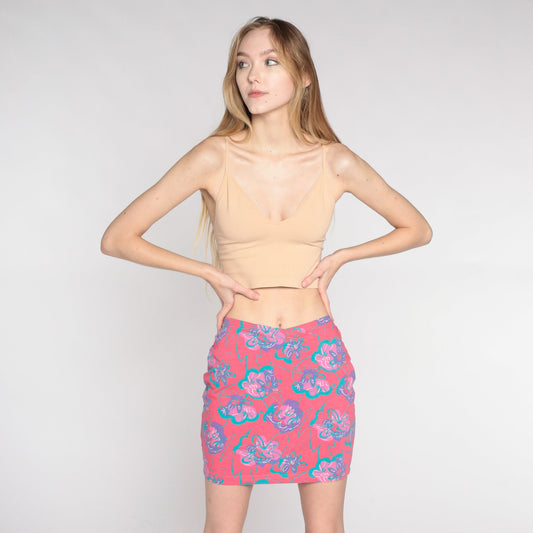00s Ocean Pacific Floral Mini Skirt Pink High Waist Fitted Medium M