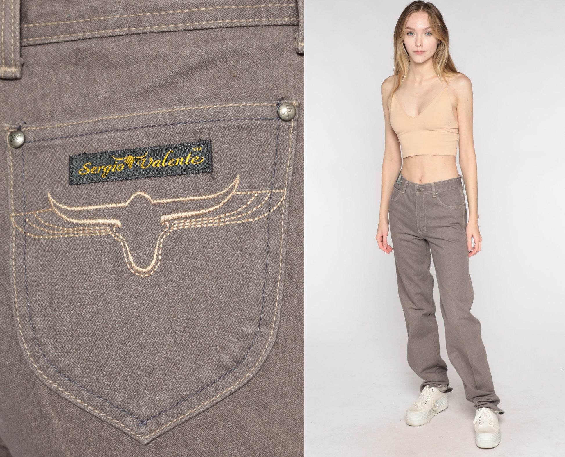 90s Sergio Valente Western Jeans Taupe High Waist Straight Leg Embroidered Steer Small