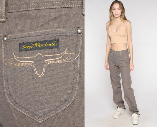 90s Sergio Valente Western Jeans Taupe High Waist Straight Leg Embroidered Steer Small