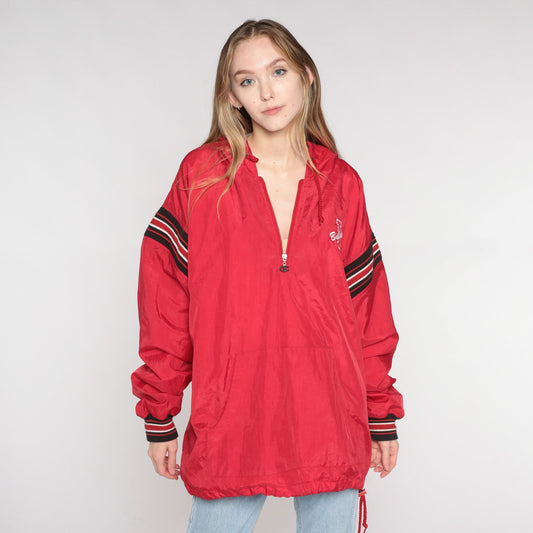 90s Champion Bulldogs Hooded Windbreaker Quarter Zip Red Black White XXL