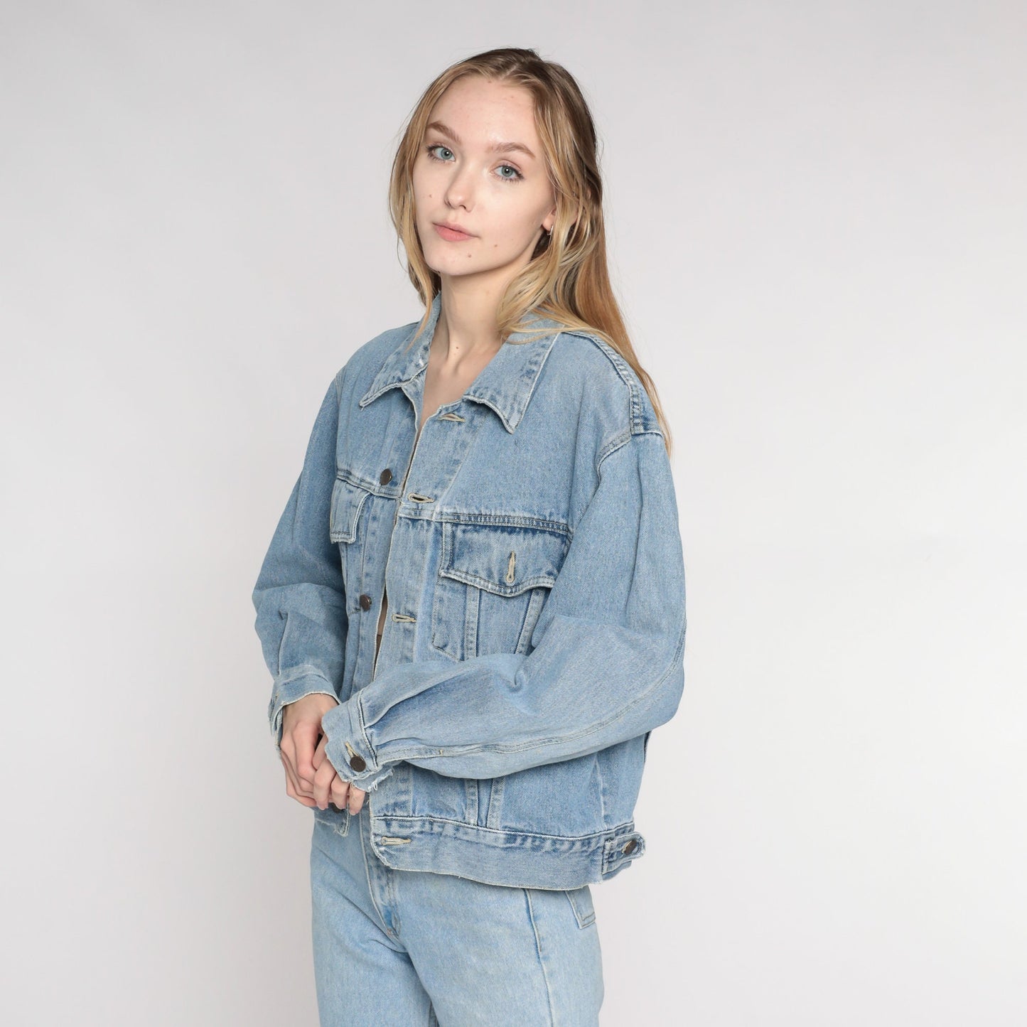 Y2K Blue Denim Jacket Button-Up Jean Jacket Cotton Medium M