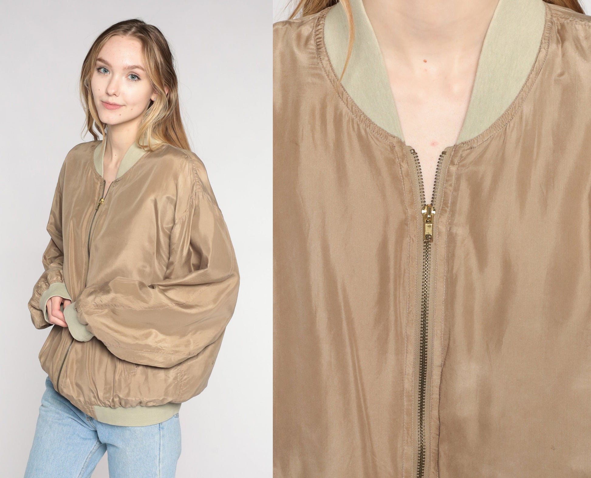 00s Brown Silk Bomber Jacket Zip-Up Windbreaker Medium M