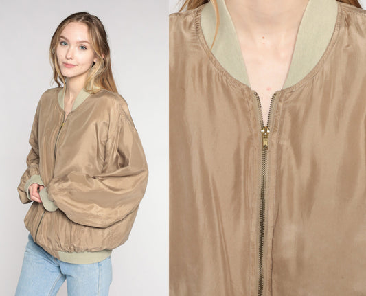 00s Brown Silk Bomber Jacket Zip-Up Windbreaker Medium M