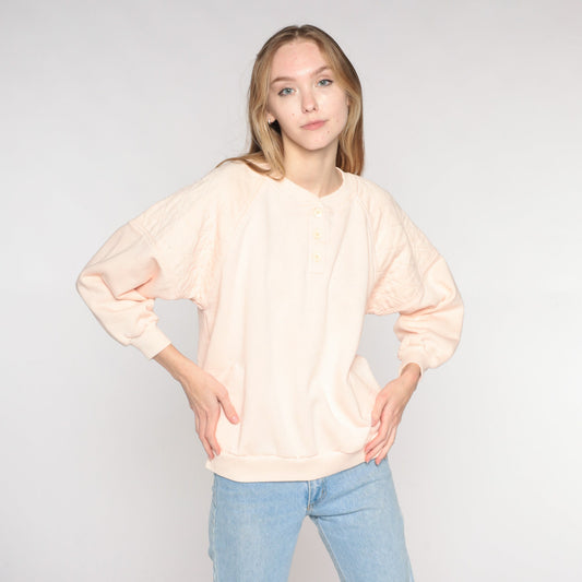 90s Light Pink Quilted Henley Sweatshirt Button Neck Long Sleeve Large L