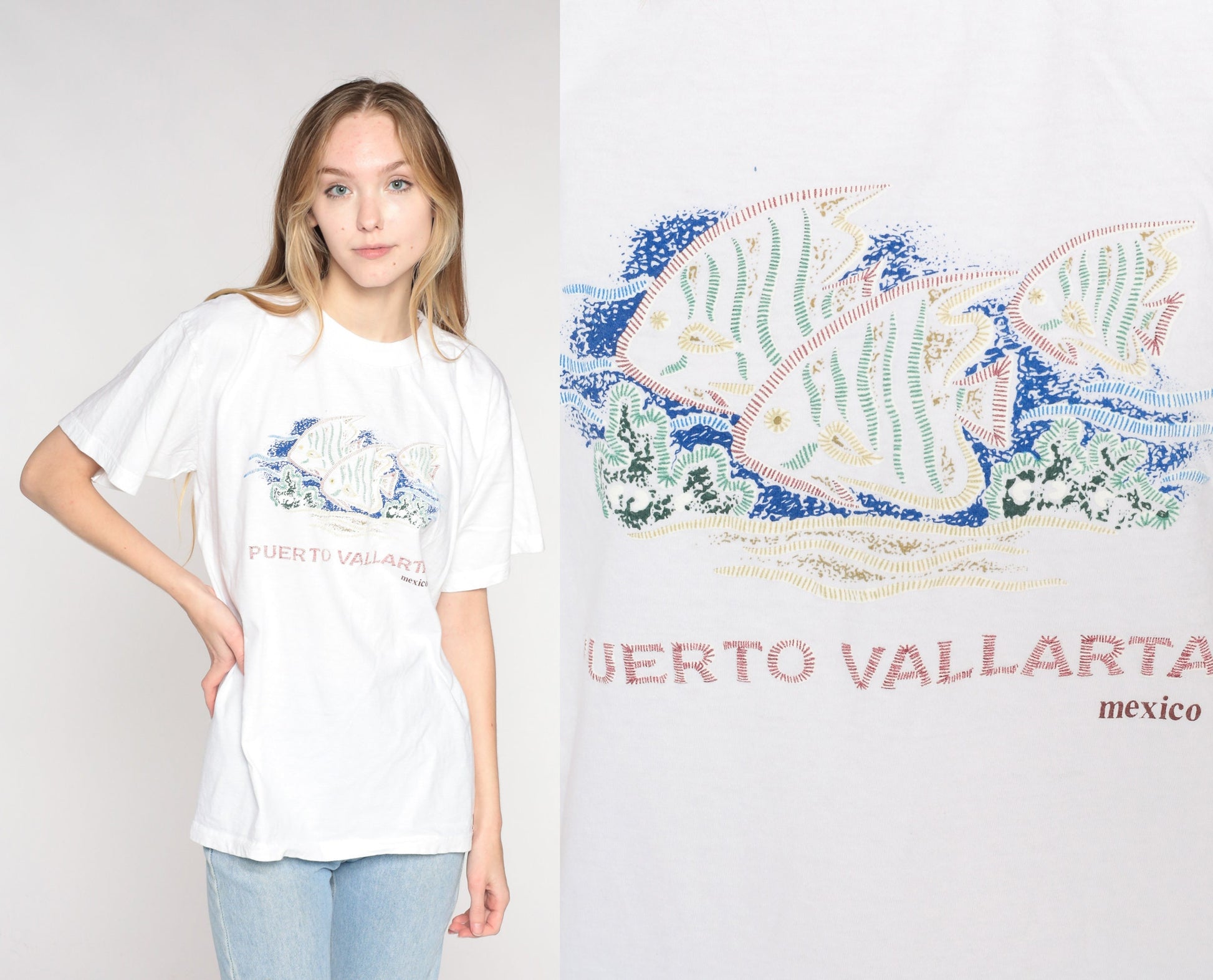Y2K Puerto Vallarta Tropical Fish Graphic T-Shirt White Cotton Large L