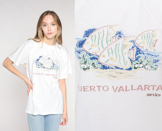 Y2K Puerto Vallarta Tropical Fish Graphic T-Shirt White Cotton Large L