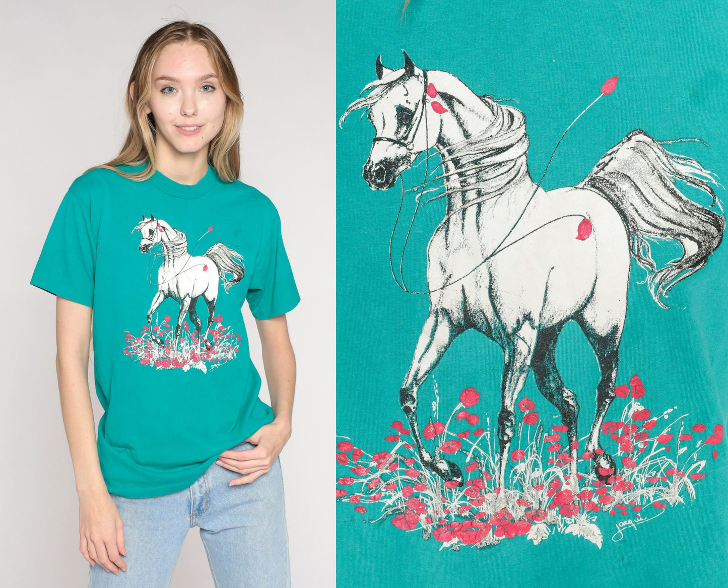 90s Glitter Horse Floral Graphic Tee Teal Green Single Stitch Small