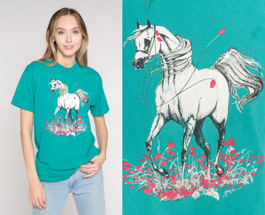 90s Glitter Horse Floral Graphic Tee Teal Green Single Stitch Small