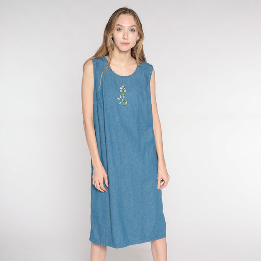 00s Blue Denim Midi Dress Floral Embroidered Sleeveless Jumper Small Medium