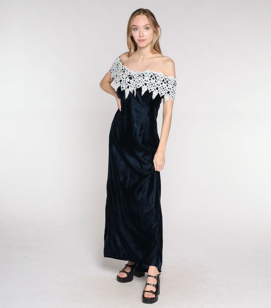 90s Navy Velvet Maxi Dress Off-Shoulder White Lace Trim Small