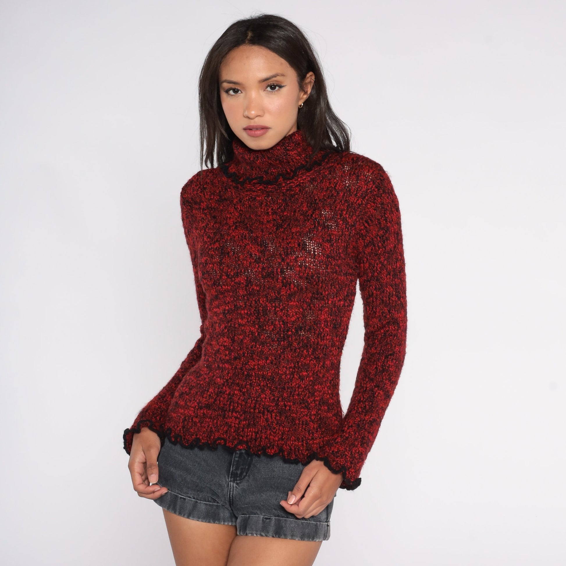 90s Red Black Flecked Turtleneck Sweater Lettuce Edge Knit Medium M