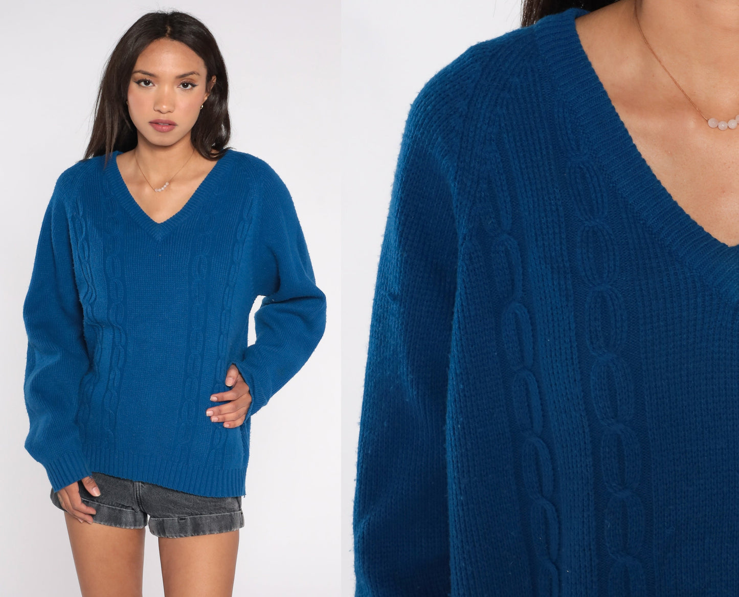 70s Blue Cable Knit V-Neck Sweater Pullover Extra Large XL