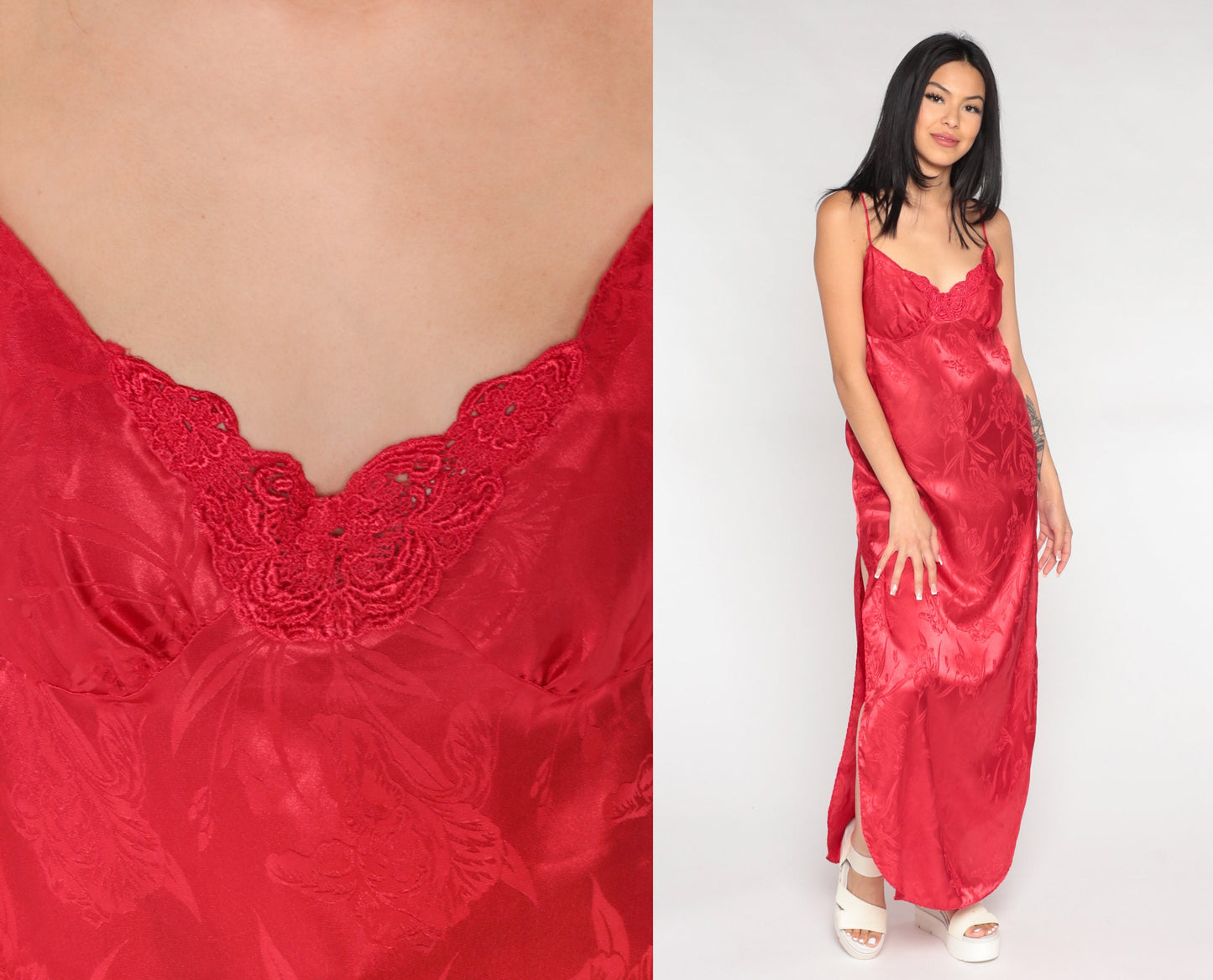 90s Red Satin Nightgown Maxi Slip Dress Embossed Floral Spaghetti Strap Medium