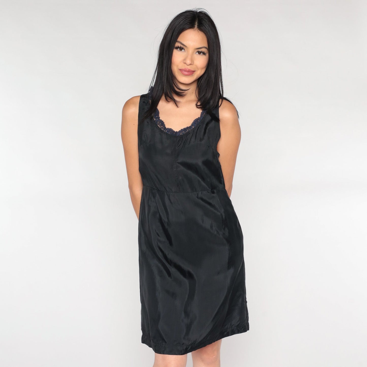 60s Black Slip Dress Blue Lace Trim Mini Nylon Nightgown Small S