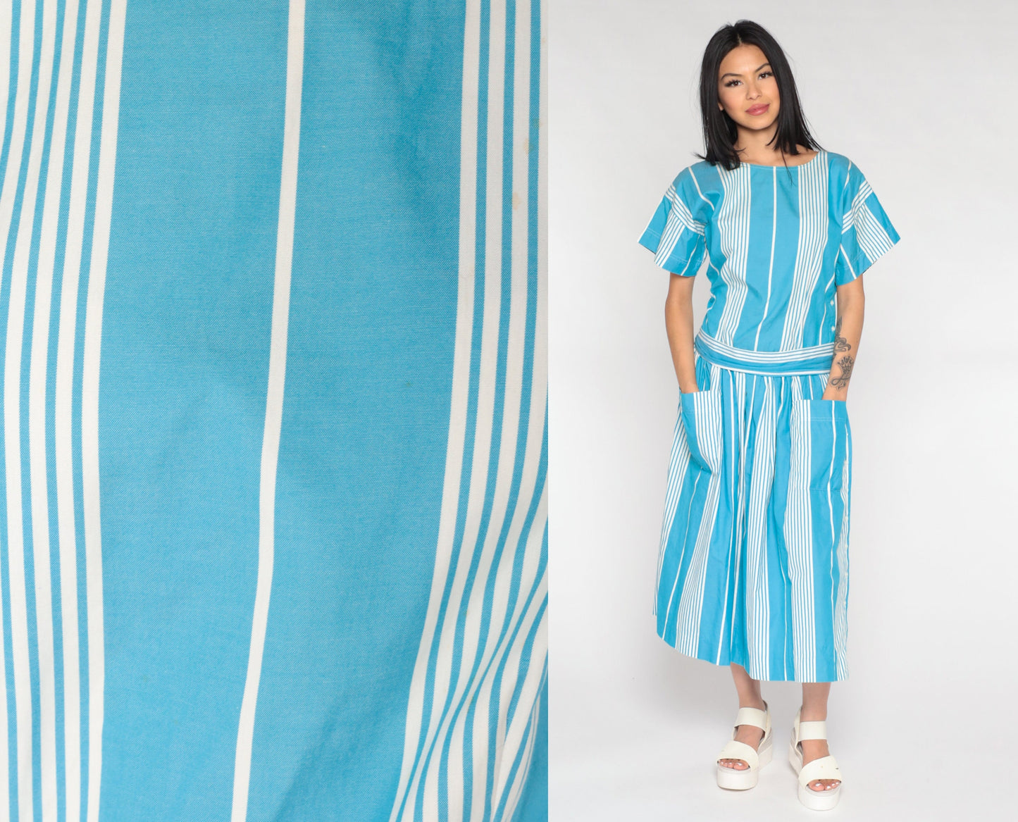 80s Nicole Miller Striped Midi Dress Drop Waist Blue White Cotton Medium 8