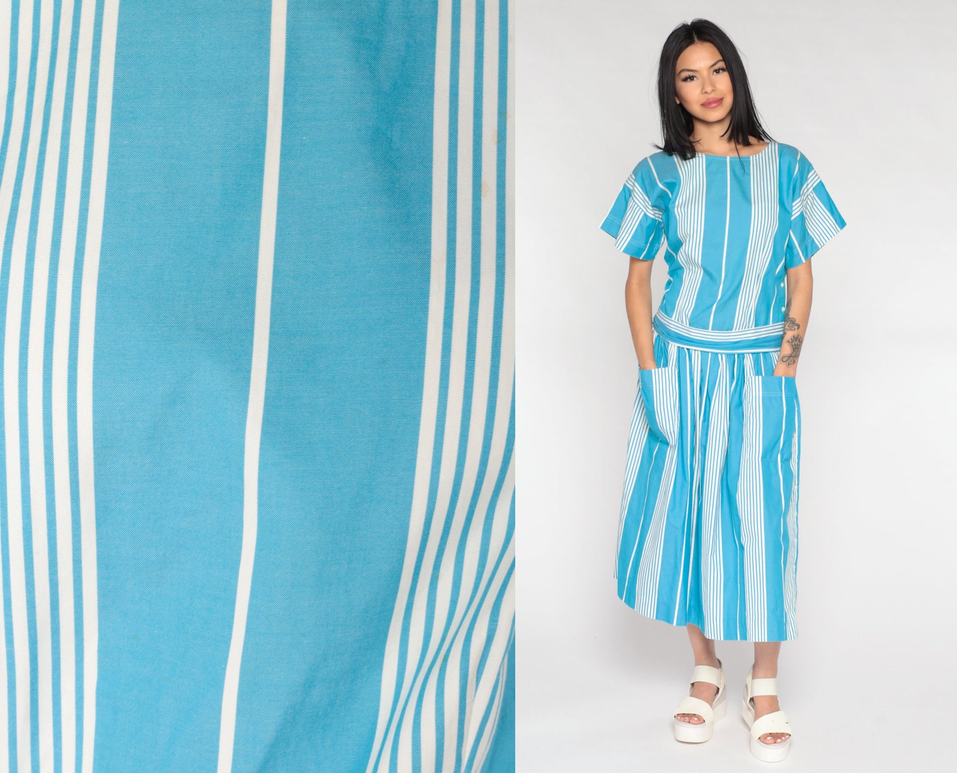 80s Nicole Miller Striped Midi Dress Drop Waist Blue White Cotton Medium 8