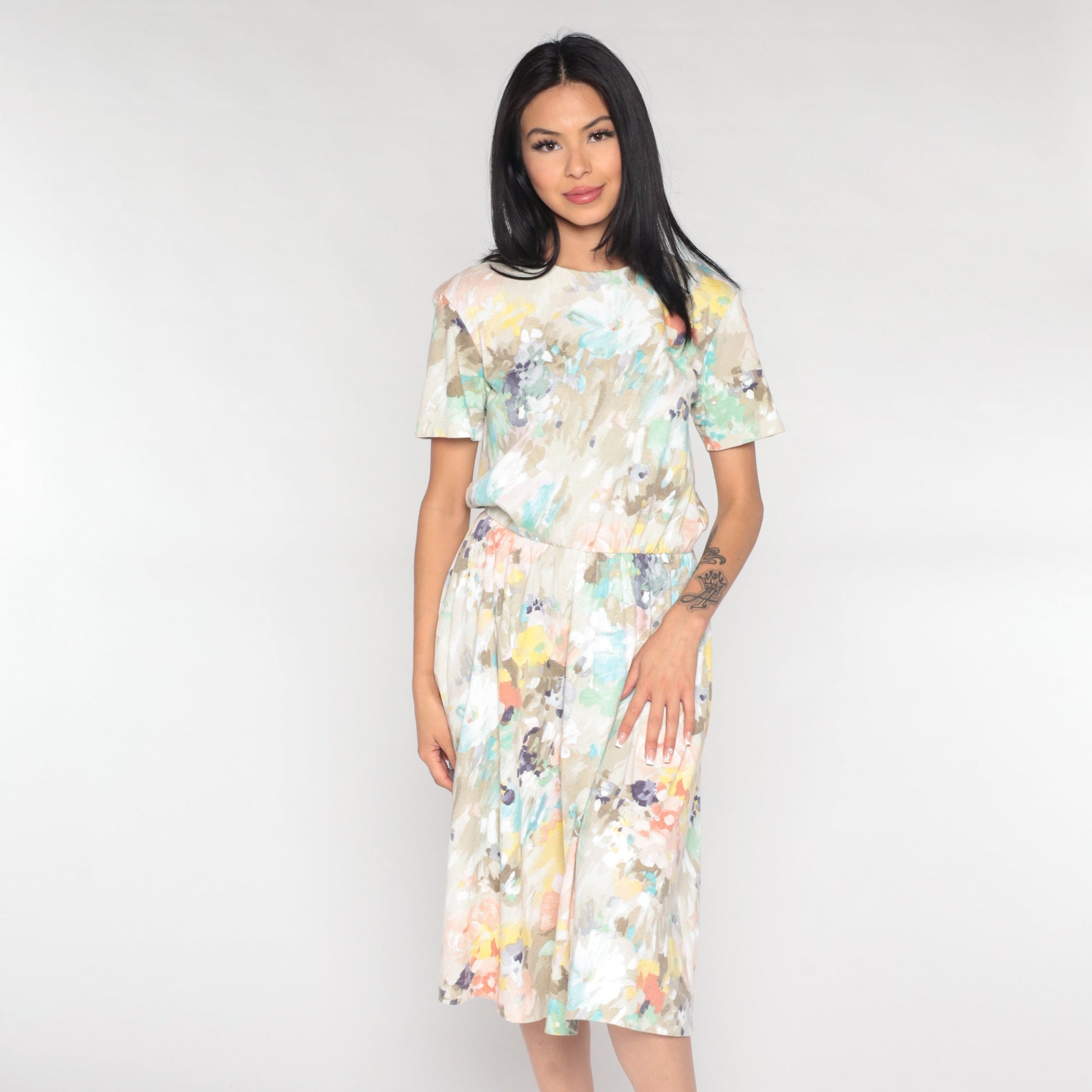 80s Watercolour Floral Midi Dress High Waist Short Sleeve Brown White Medium