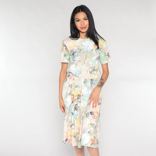 80s Watercolour Floral Midi Dress High Waist Short Sleeve Brown White Medium