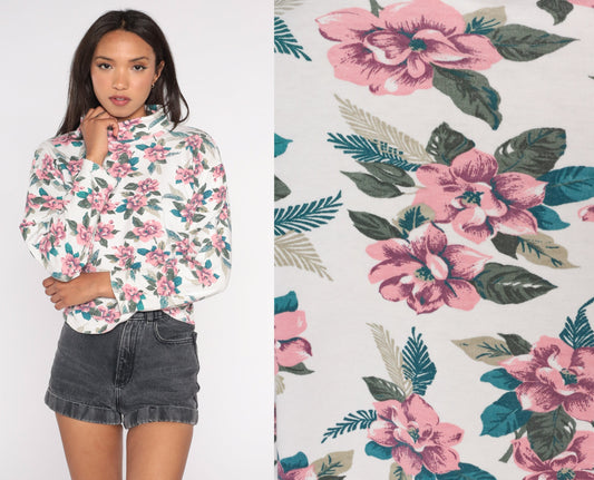 90s Floral Turtleneck Long Sleeve Shirt White Pink Print Medium M