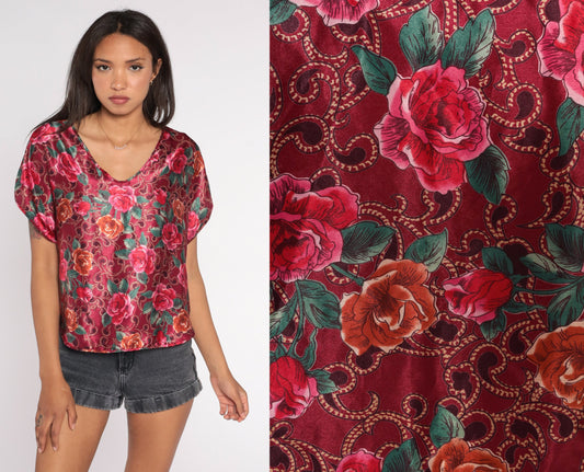 90s Red Floral Shiny Blouse Short Sleeve Scoop Neck Small