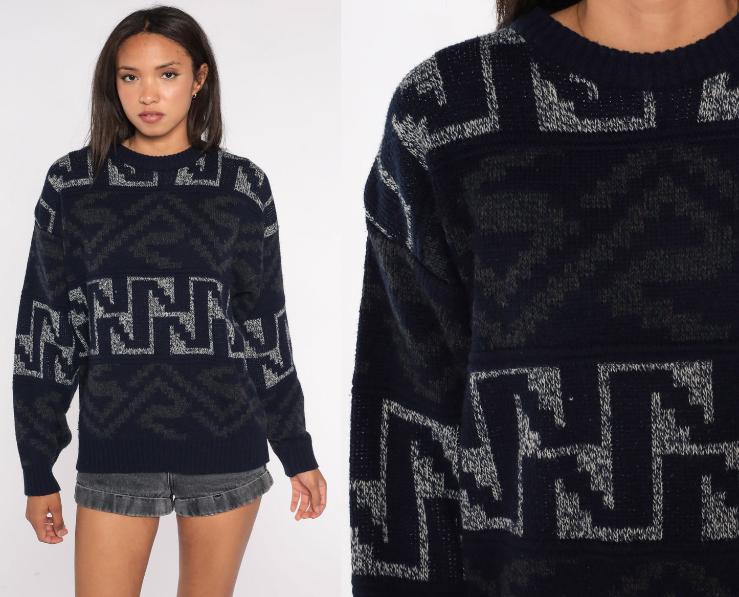 90s Geometric Navy Knit Pullover Sweater Large