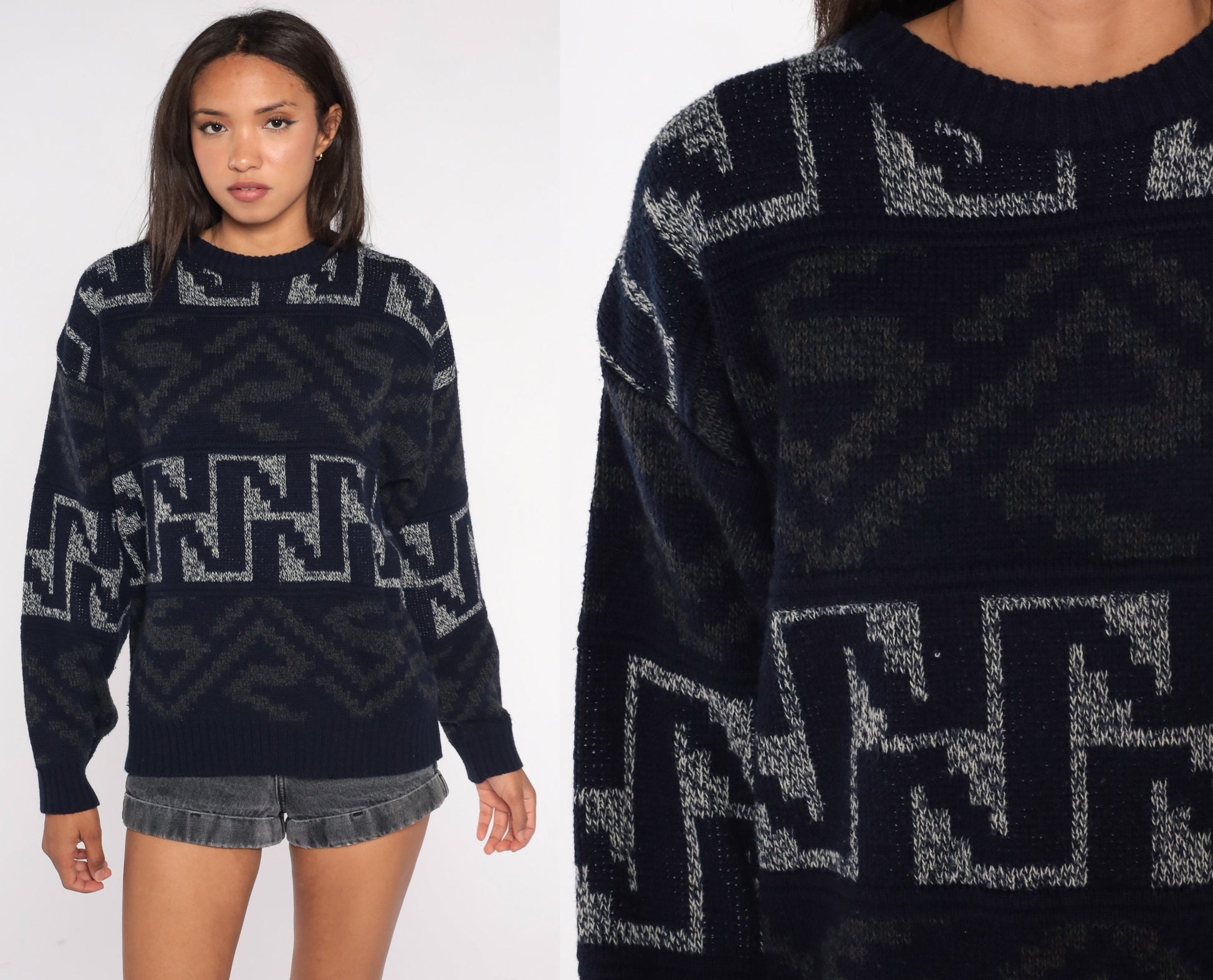 90s Geometric Navy Knit Pullover Sweater Large