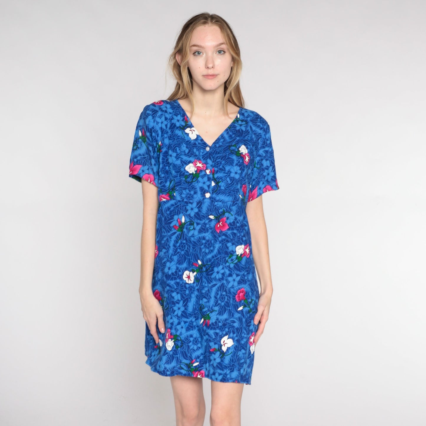 Y2K Tropical Floral Mini Dress Blue Rayon Empire Waist V-Neck Medium M