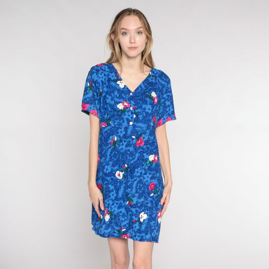 Y2K Tropical Floral Mini Dress Blue Rayon Empire Waist V-Neck Medium M