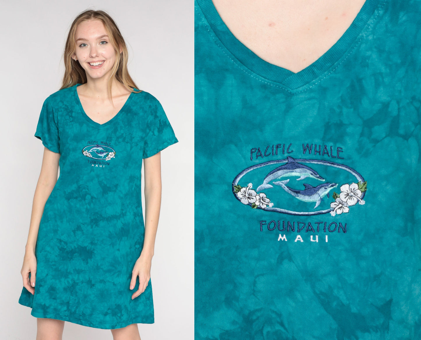Y2K Tie Dye Pacific Whale Foundation Maui Mini Dress Blue-Green Cotton Medium