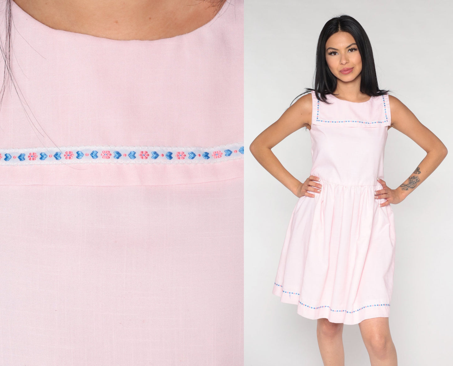 60s Sailor Collar Mini Dress Baby Pink High Waist Cotton Blend Extra Small