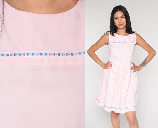 60s Sailor Collar Mini Dress Baby Pink High Waist Cotton Blend Extra Small