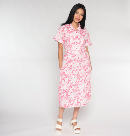 90s Floral Midi Dress Pink White Button-Up Short Sleeve Medium 8